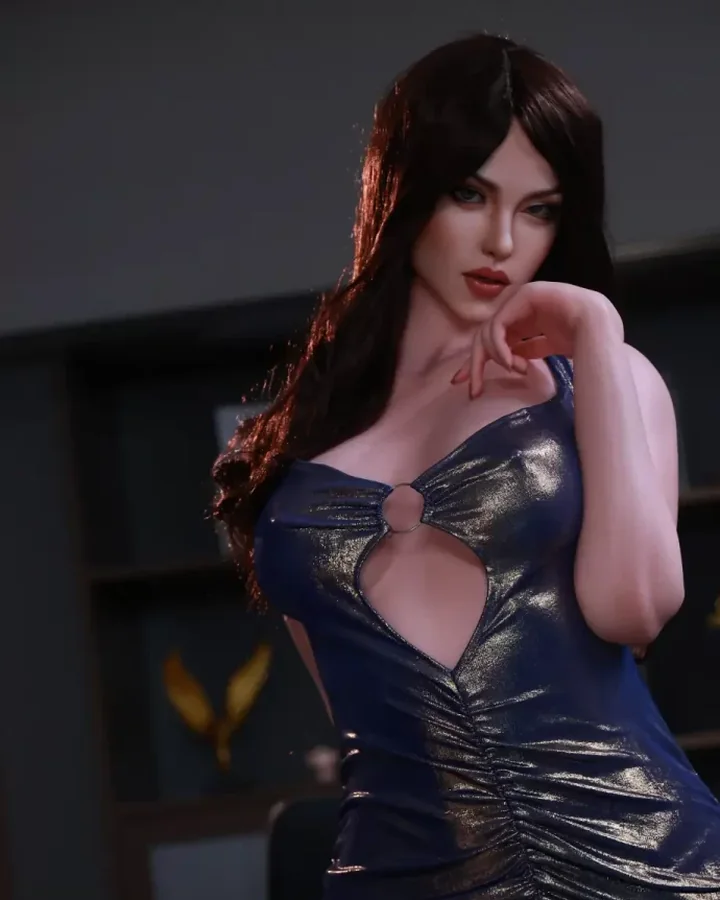Tall brunette doll in a short satin dress