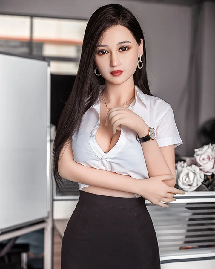 Asian doll with long black hair in a white shirt and black pencil skirt
